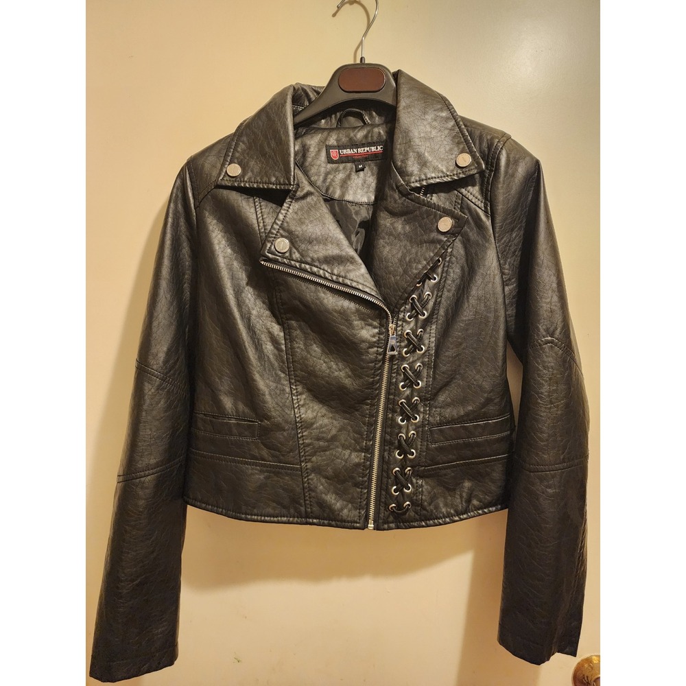 Urban Republic Black Faux Leather Moto Jacket Lace Up Detail Womens Size Medium